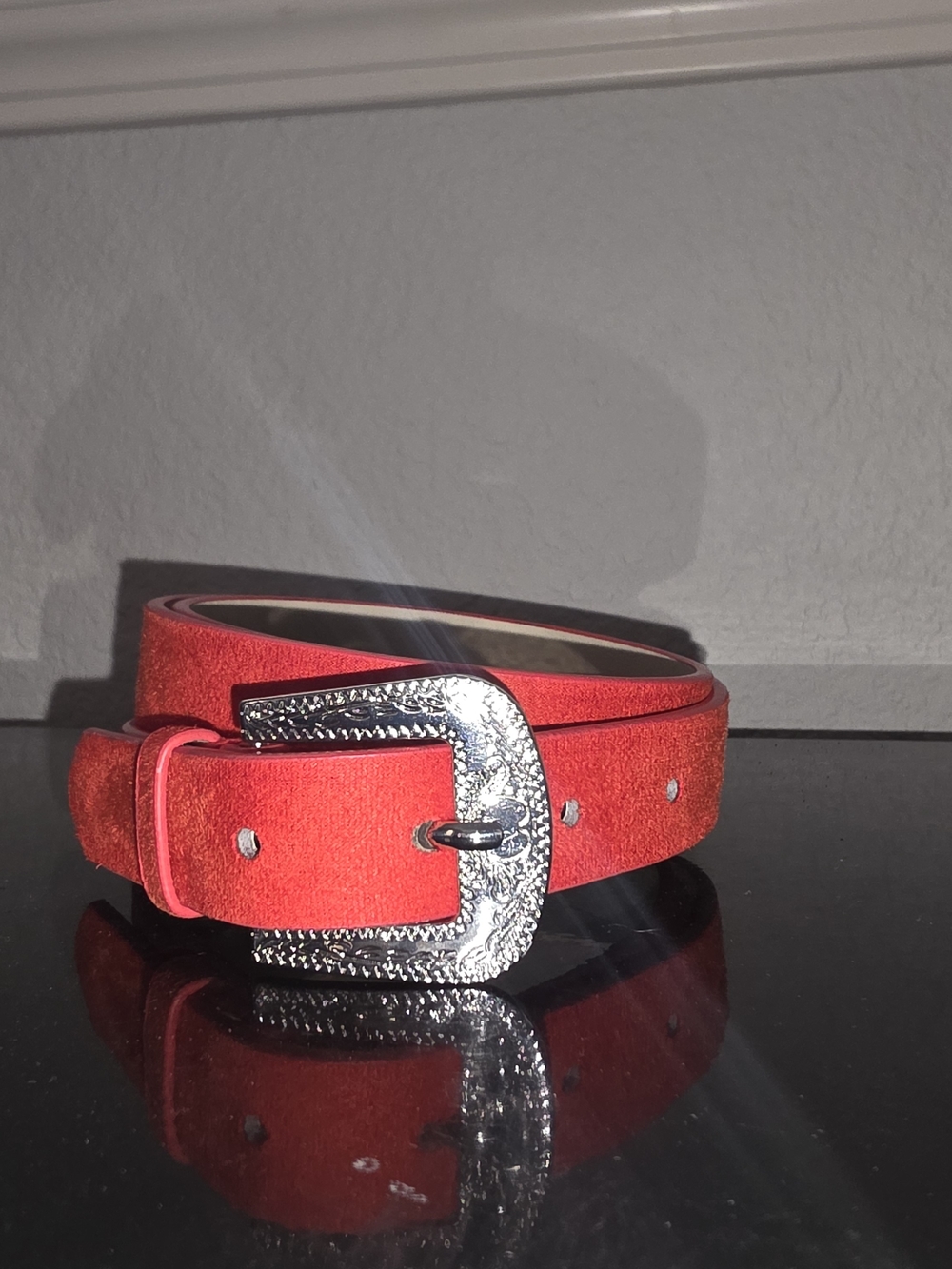 Buckle Burnt Orange/Red Suede Western-Style Women's Belt with Silver Buckle